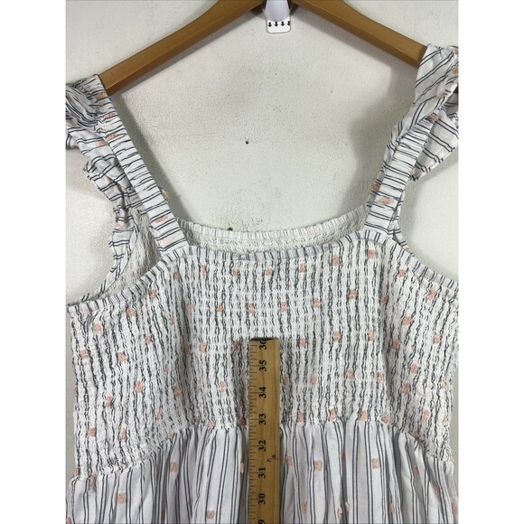 Loft Clip Stripe Smocked Ruffle Midi Dress Dot Embroidered White Gray Large - Picture 6 of 6